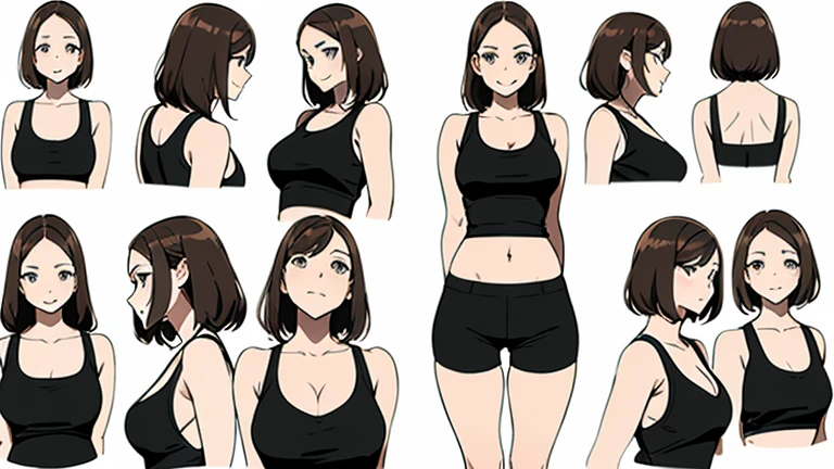 (masterpiece, 8k, Highest quality, Very detailed, One mature woman), (Consistent personality, same characters), (Brown Hair,Medium Hair,Pale grey eyes), (Very detailed顔と肌の質感, fine grain), smile, Slender figure, Cleavage,alone,Thighs,Thin legs,Belly button and beautiful legs, (Attractive office lady), White Background,White tank top,Black lace panties, 魅惑的なsmile, (Multiple Views, Multiple Angles), Side view, Front view, look up, Looking down, Rear View, 20-degree head view