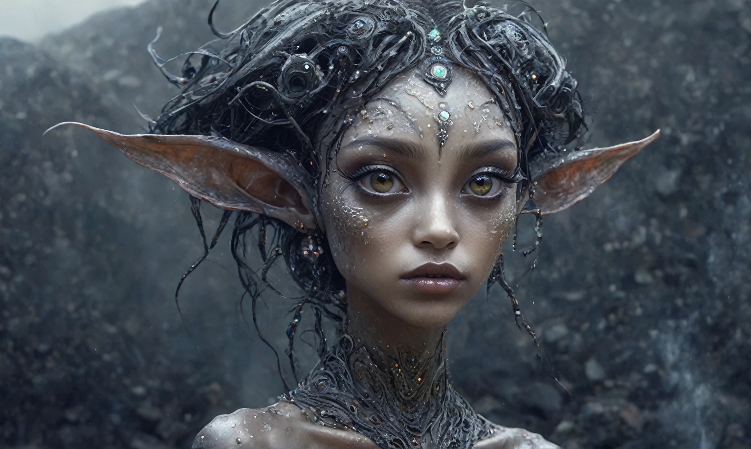 pretty face,eyebrow up,full body length shot,obsidian elf,full body length shot,very beggar niobium graphite The Alien Entity, babychild, wants eat,full body shot, of psychedelic style ,The iris looks weird, attractive, The stars in space is reflected in the pupil, goose down eyelashes, long wavy luminescent hair,insane baggy clothes,view from height,full-body-shot,High contrast,Masterpiece,Realistic,Ultra Detailed,intricate details,realistic humid skin,extremly intricate,realism,photorealism, cinematic style,irina yermolova,HDR,((Wangechi Quality)),ominous landscape,glate gray atmosphere,by art Simon Stalenhag,Nicola Samori,(((Wangechi Mutu))),prime colors,urban,extremely detailed,masterpiece,intricate details,faded,eyes extremely detailed, high detailed eyes,4k resolution,RAW, Nikon Z9,scary town,stalker,goblin,Dubai of United Arab Emirates,Mestichino,Light particles,glass leather ,ink photography ,Mestichino,Light particles,chaos