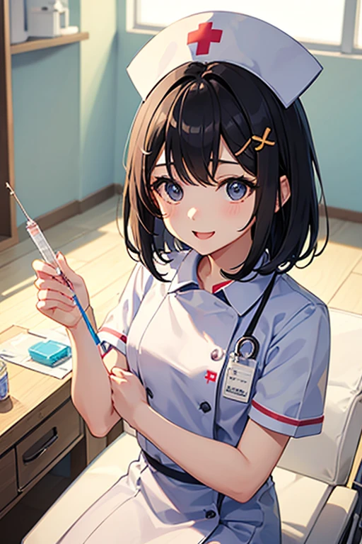 Highest quality、Black Hair、Iris、short hair、girl、cute、16 years old、、Small hair ornament、1 person、Cosplay、nurse、Nurse uniform、A happy look、bright、Holding a syringe