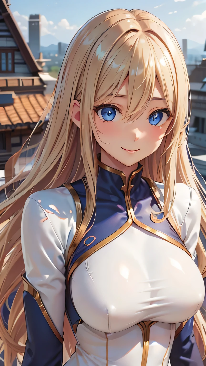 highest quality、Realistic、Women、zoom、Cobalt blue eyes、Long blond wavy hair、Hero Suit、Glossy white bodysuit、Blue and gold accents、slender、Dark Skin、Large Breasts、Rooftop、An inappropriate smile、Bust Shot、