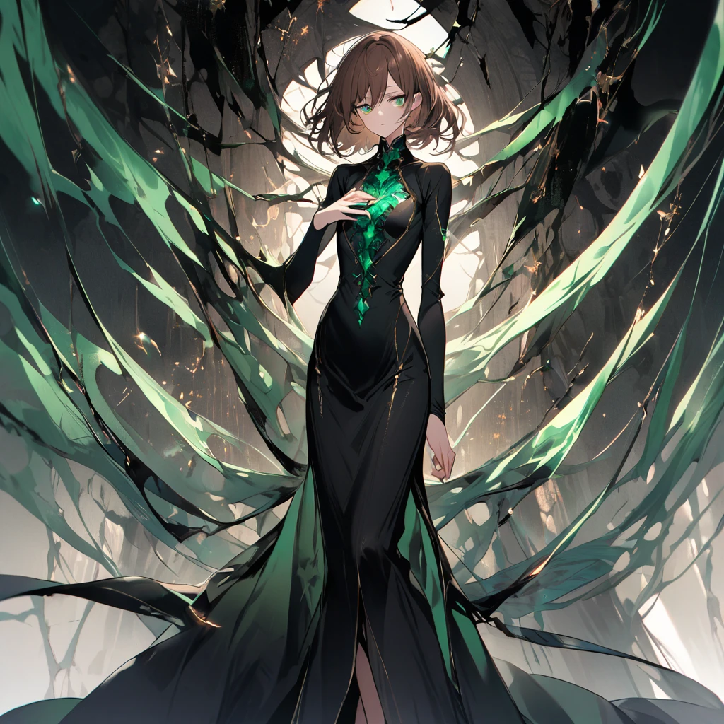 man, thin and fragile body, long brown hair, emerald eyes, long black dress