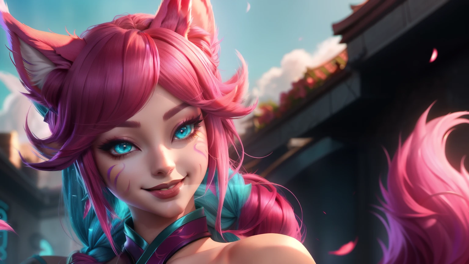 ahri league of legends, (ahri florescer esperitual), postura sexy, posse sexy, corpo definido, pink hair, braided ponytail, aqua eyes, fox ears, evil smile, anime, wide shot, UHD, super detail, high quality, best quality, 8k