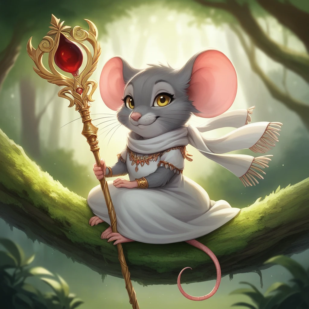 1girl, female, animal ears, yellow eyes, mouse ears, :3, mouse tail, barefoot, scarf, dress, short sleeves, sitting, looking at viewer, outdoors, leaf, whiskers, forest, staff, solo, holding, fluffy, tree, tail, nature, blurry, blurry background, furry, furry female, holding staff, smile, white scarf, jewelry, day, closed mouth, body fur, feral, mouse, grey fur, pink ears, sitting on a tree branch in a forest, holding a staff, dressed in a white dress with tassels, score_9, score_8_up, score_7_up, masterpiece, best quality, very aesthetic, absurdres