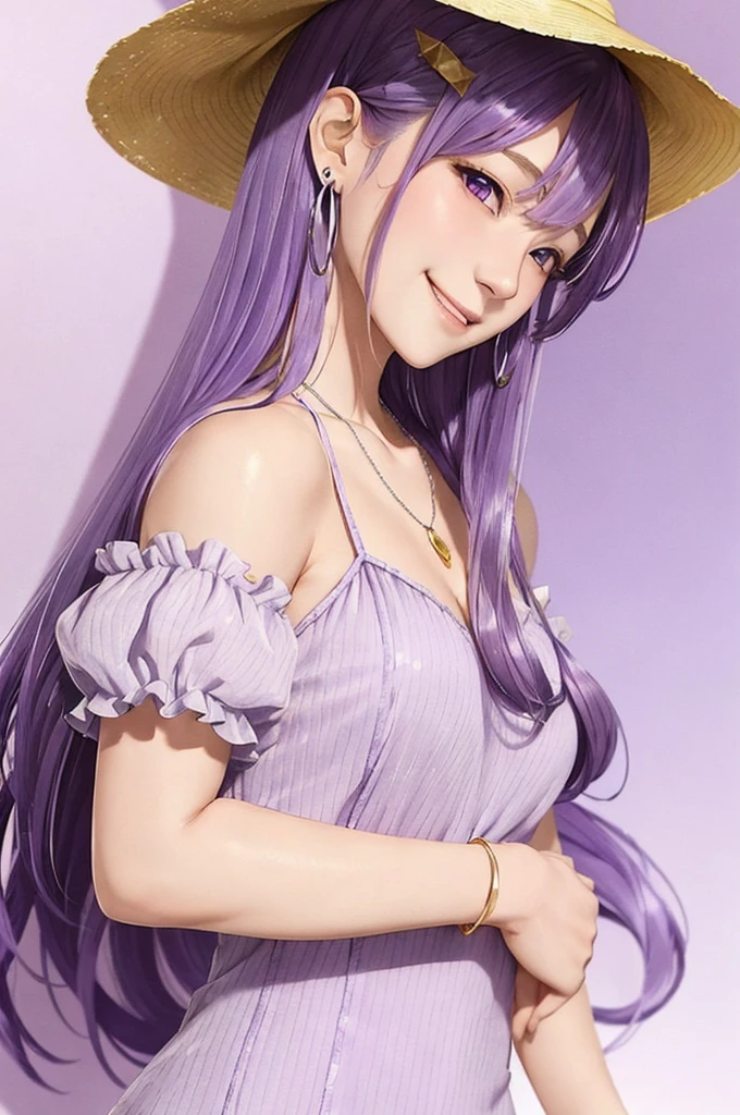 yuri, purple eyes, hair ornament, long hair, hair clip, purple hair, hair intake, sidelocks, bangs, hair between eyes, smiling, 1girl, standing, looking at viewer, best quality, solo, orange short dress, silver necklace, yellow earrings, summer hat, render, fixed hands, Yuri, (Lora: more details 1.5),