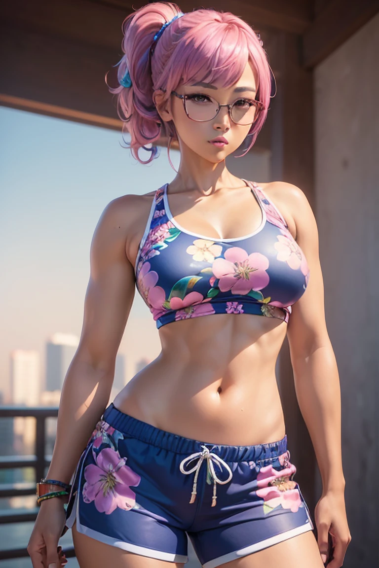 ((work of art, Maximum quality, high resolution)), ((highly detailed 8K unified CG wallpaper)), (Asian woman, 1,72m), (skin fair, Asian appearance), (extremely seductive), (Very defined muscles), (fully body), (wearing blue shorts with floral prints), (white top with tribal prints), (wearing sports glasses), (pink hair)