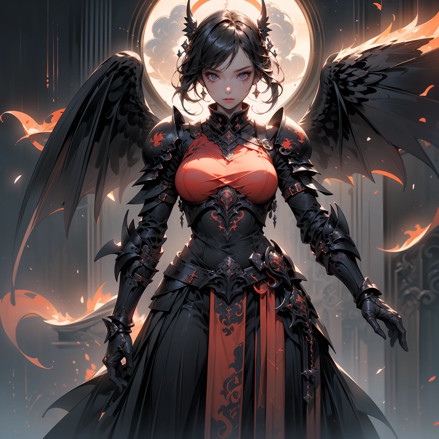 (((masterpiece, best quality, high detailed, 8k))) Design a layout showcase Gaming character, (1girl). Black+Crimson dark armor, stylish and unique. ((weapon:1.4)), cursed sword. (masterpiece:1.2), (best quality), 4k, ultra-detailed. (luminous lighting, atmospheric lighting). dark warrior, ((six wings of shadow and fire)), ((glove full hands)), (((revealing clothes:1.3))), vambraces, armored legwear, (((full_body_shot:1.4))). {In an infernal realm}. (((extremely imposing presence, black flames, super strong, incredibly beautiful with dark armor))).