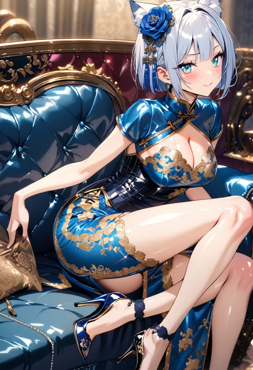 silver hair, 1 girl, (((best quality)), ((masterpiece)), (details), masterpiece, best quality, high quality, super detailed, perfect face, ((1 girl, blue eyes, cat ears: 1.3 silver bob: 2.5,)), shiny hair, shiny skin, happy face, seductive expression,holding a bouquet of white and blue roses, white and blue rose hair ornament, (gothic ta: 1.2), loliashion, (shiny cheongsam: 1.4), cleavage, (dark blue luxury corset with embroidery: 1.3), (light blue: 1.4), (dark blue embroidery: 1.3), (detailed lace: 1.1), stiletto heels, blue and gold upholstery, antique style couch