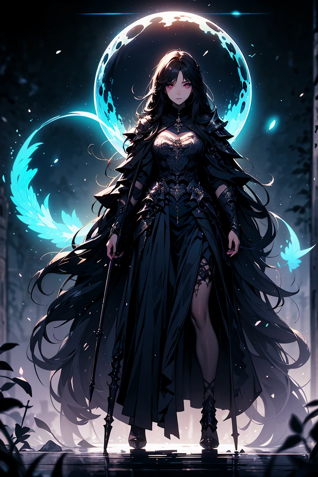 (((masterpiece, best quality, 16k)))((full body shot)) of a girl in detailed black gothic battle armor, standing in a completely dark environment. She has long white hair and glowing red eyes, with black angel wings, tattoos, and piercings. Her battle armor is intricately designed, revealing her bellybutton. She is holding a glowing orb of energy in her hands, which emits a soft, ethereal light. Surrounding her are numerous small lights in shades of {blue|purple}, casting a faint glow similar to candlelight. The only illumination comes from the orb and the particles around her. The atmosphere is {mysterious|otherworldly}, with a misty haze drifting around her feet. The ground beneath her is reflective, creating a mirrored effect that adds to the surreal ambiance. Subtle textures of ancient, worn stones and creeping vines can be seen in the background, hinting at a hidden, gothic castle. The scene is quiet and enigmatic, with her face partially obscured by the hood, her eyes focused intently on the luminous orb. She holds an intricately designed staff made of wood with metallic parts and embedded jewels. [Best quality], [Masterpiece], [Ultra-detailed], [4k], {serene|intense} atmosphere, gothic castle, {dynamic pose|relaxed pose}, complete darkness, {soft shadows|dramatic lighting}, {reflected light on the ground:0.7}, {misty haze:0.6}, {glowing plants:0.5}, {creeping vines:0.4}, {ancient stones:0.3}.