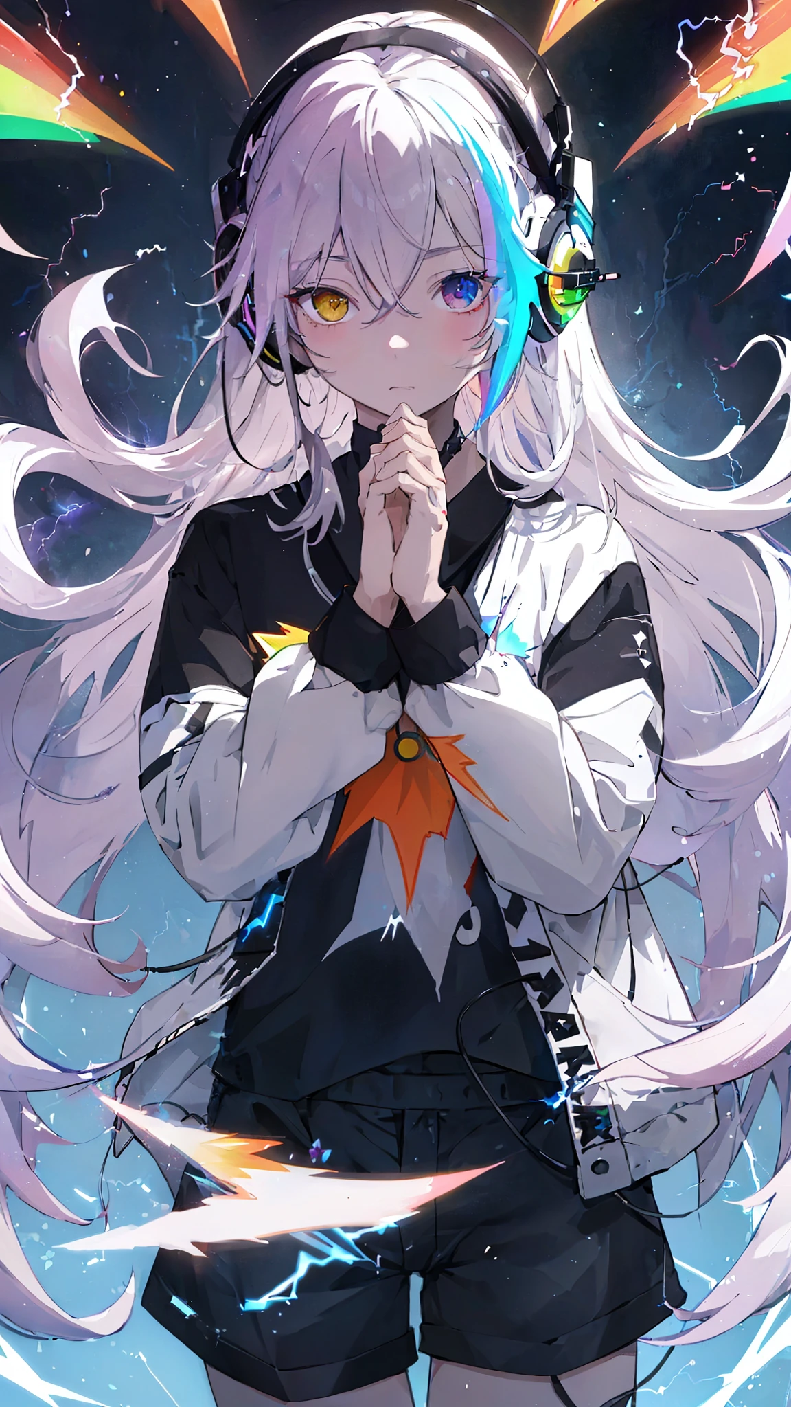 masterpiece, best quality, 1 boy, Long colored hair, Heterochromia, Black headphones, Clothes, shorts, Discharge Aura, rainbow, confusion, lightning, spark, Dynamic illustration, Delicate face, Beautiful illustrations, Good Hand, Good Hand指, Delicate hands, Delicate hands指, 8K, Fine details