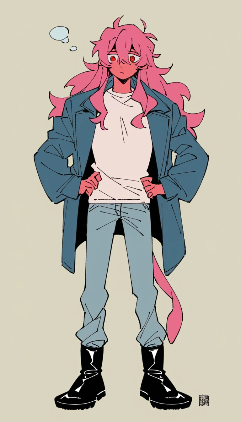 high quality, Full HD, male, male, fun, sleepy, Are standing, Hands on hips, View your viewers, Front view, Long Hair, Side Tail, Pink Hair, Red eyes, Droopy eyes, Fair skin, expensive, slim, Toned body, Long sleeve T-shirt, coat, boots, 30 years old, Beige solid background, Flat background, anime, Soft Edge, Full Body Shot, Neutral Color, Flat Color