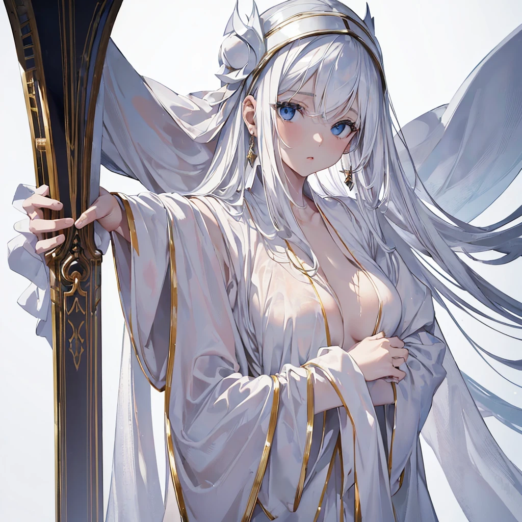 ((RAW Photos)), ((masterpiece)), (White Robe,One person:1.5), (harf body,standing:1.2),Intricate details, View your viewers, beautiful, Fine eyes and lips,White background,Fantasy,Perfect Face, (1 girl,White background:1.3),Transparent,Long black hair,Fantasy,pretty girl,beautiful表情,Detailed facial expressions,Do not expose your breasts