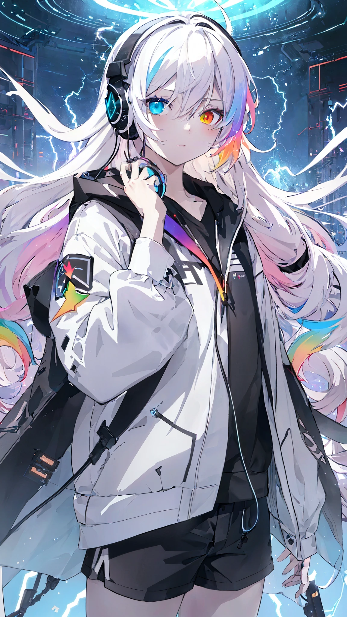 masterpiece, best quality, 1 boy, Long colored hair, Heterochromia, Black headphones, Clothes, shorts, Discharge Aura, rainbow, confusion, lightning, spark, Dynamic illustration, Delicate face, Beautiful illustrations, Good Hand, Good Hand指, Delicate hands, Delicate hands指, 8K, Fine details