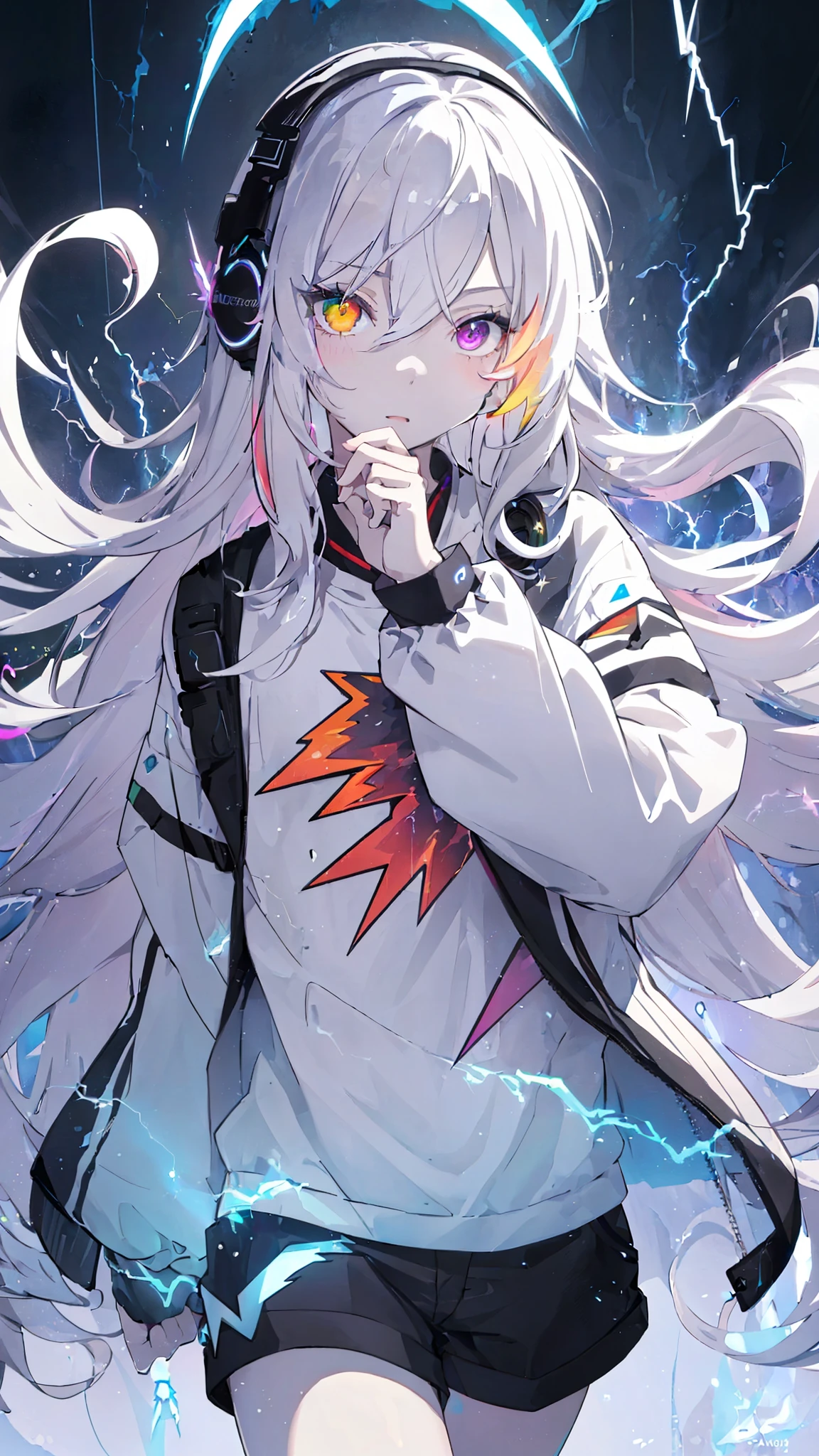 masterpiece, best quality, 1 boy, Long colored hair, Heterochromia, Black headphones, Clothes, shorts, Discharge Aura, rainbow, confusion, lightning, spark, Dynamic illustration, Delicate face, Beautiful illustrations, Good Hand, Good Hand指, Delicate hands, Delicate hands指, 8K, Fine details