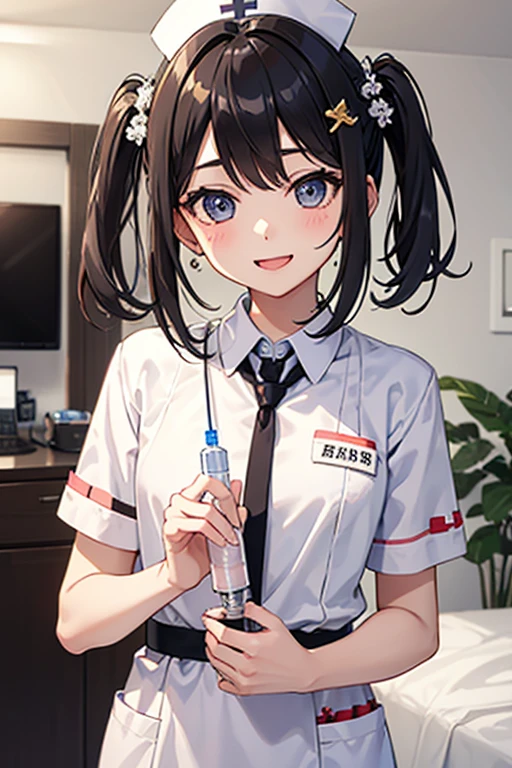 Highest quality、Black Hair、Iris、short hair、girl、cute、、、Small hair ornament、1 person、Cosplay、nurse、Nurse uniform、A happy look、bright、Holding a syringe