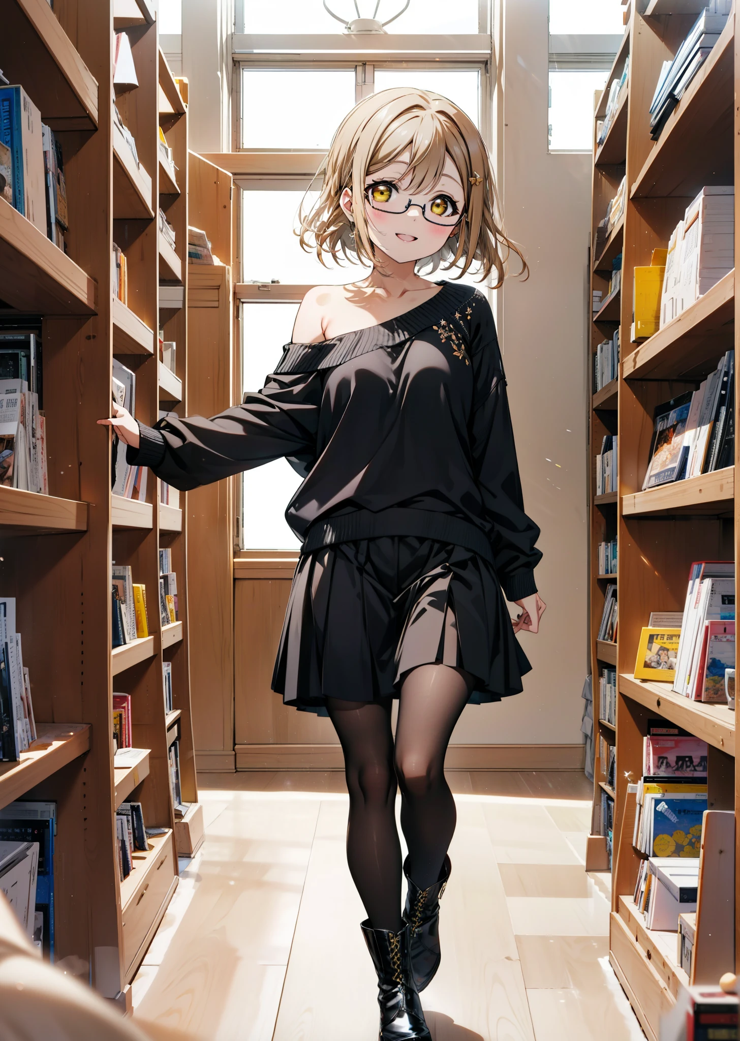  Hanamaru the kunikida, Brown Hair, happy smile,smile, Open your mouth,Yellow Eyes,hair band,Black-rimmed glasses,One-shoulder sweater,Long skirt,Black pantyhose,short boots,Walking,Bookshelf,There is a lot piled up on the table,whole bodyがイラストに入るように,
break indoors, figure書館,
break looking at viewer, whole body,
break (masterpiece:1.2), Highest quality, High resolution, unity 8k wallpaper, (figure:0.8), (Beautiful attention to detail:1.6), Highly detailed face, Perfect lighting, Highly detailed CG, (Perfect hands, Perfect Anatomy),