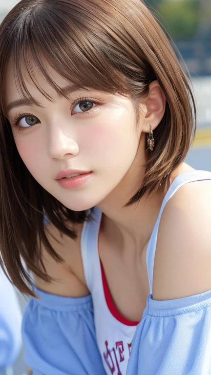 Realistic、Masseter region、Highest quality、High resolution、RAW Photos、Realistic、Bright lighting、Face Light、Smooth Professional Lighting、Japanese women、Beautiful woman、Modeled、gravure、sexy、so beautiful、Realisticで美しい肌、Beautiful and detailed、Detailed face、slim、Moderate、short hair、Brunette Hair、Brown eyes、Looking into the camera、Cheerleader、Cheerleader、Cheerleader