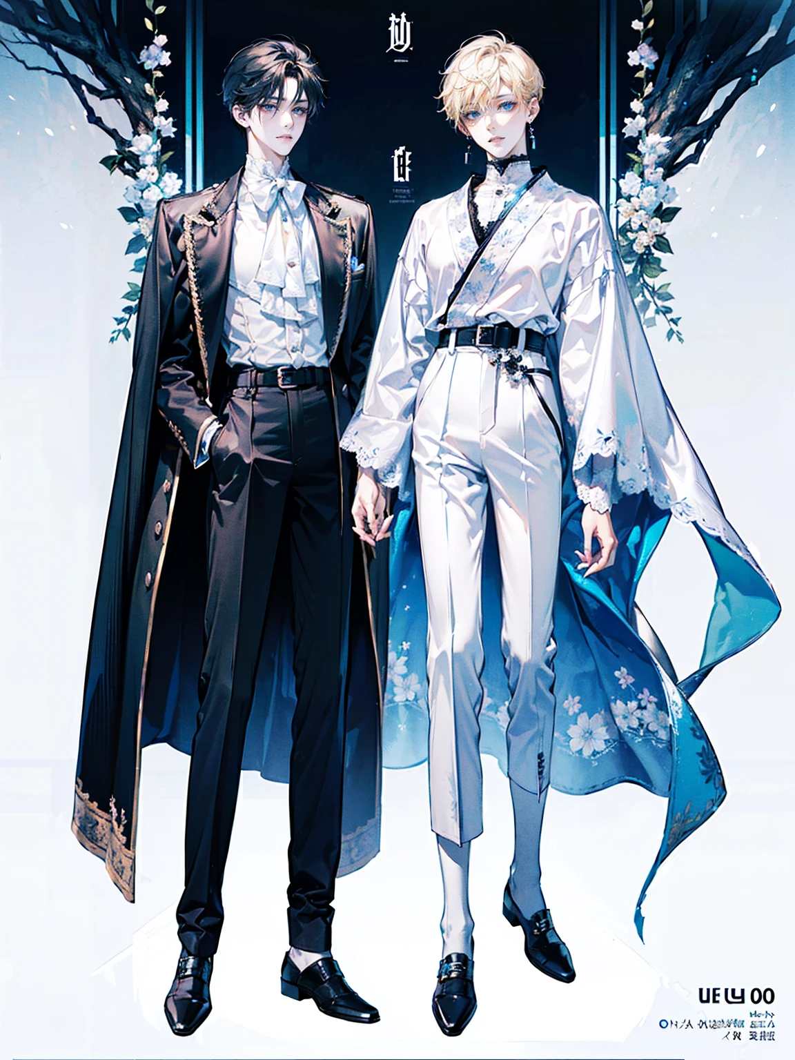 ((full body: 2)), ((UHD, masterpiece, super detail, best quality, highres, 8k)), (detailed line art), perfect face, perfect body, perfect hands, perfect feet. Humans, around 20 years old, (2 males: 2.0), ((two characters)), male idols, (simple background, magazine cover style: 1.5). Features of the first person :Gentle vibe, standing on the right, (bright blonde hair), (parallel eyebrows, light blue eyes, droopy eyes, thin lips), (white top, collarbone-revealing top, puffed sleeves top, white ribbon decorations:1.0, white frill decorations:1.0, white lace decorations:1.0, white corset, high-waisted white pants, white belt, white leather shoes), (white ribbon choker), (angelic vibe), (looking forward). Features of the second person :Cool vibe, standing on the left side, (black hair), (parallel eyebrows, light blue eyes, slanted eyes, thin lips), (black top, high-neck top, fitted top, black jacket, black belt decoration:1.5, black pants, black belt, black leather shoes), (black earrings, black bracelet), (devil-like vibe), (looking forward).