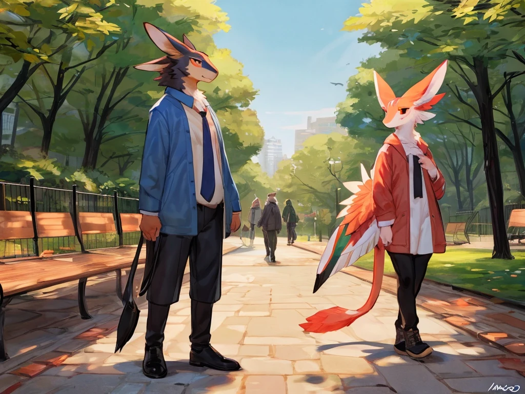 Duo, feral/anthro, dog feral/anthro avali female, standing, park, by bebebebebe