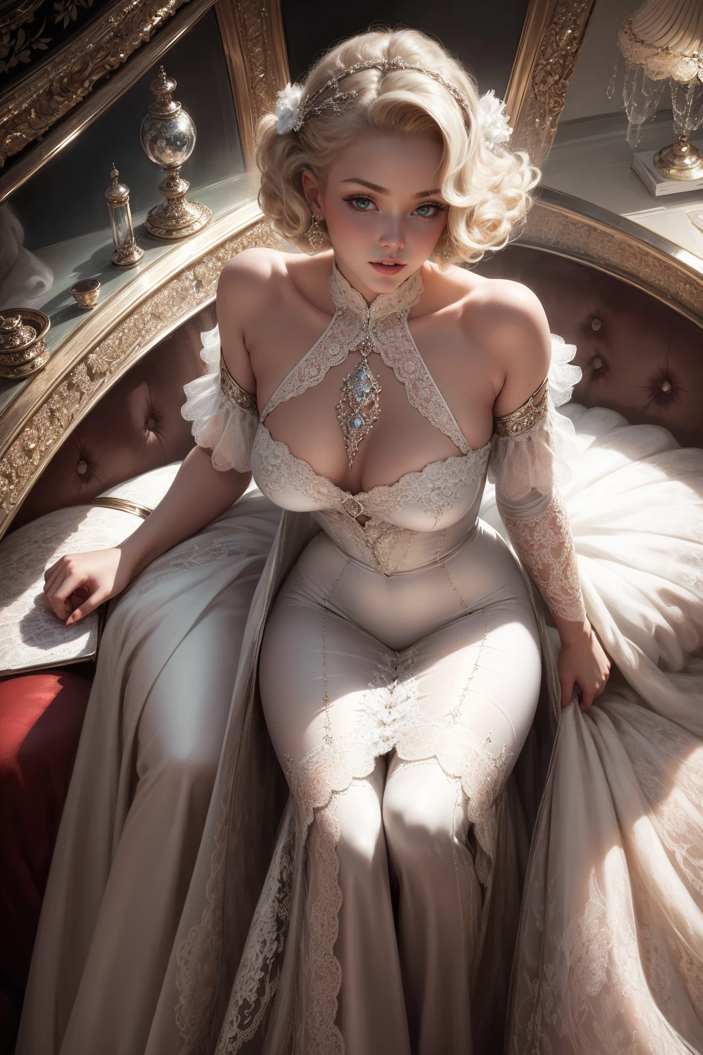 (Masterpiece - Ultra-Detailed, High Resolution) Prepare to be enchanted by a true masterpiece that combines ultra-detailed art with high-resolution rendering. This work shows a mesmerizing woman, with short, light blonde hair, 1950s style, Marilyn Monroe (1.3) and captivating (brown eyes) (1.2),(brown eyes) New York illustration style, wearing red lipstick, emanating an aura of elegance and mystery. Wearing victorian classic 1950s clothing. sexy. Intricate details and realistic textures invite you to explore every aspect of this enchanting composition. Transparent white dress. reading, writing, lying, standing, on your back, dynamic poses. Get ready to dive into a world where beauty and craftsmanship merge perfectly. Upper body.