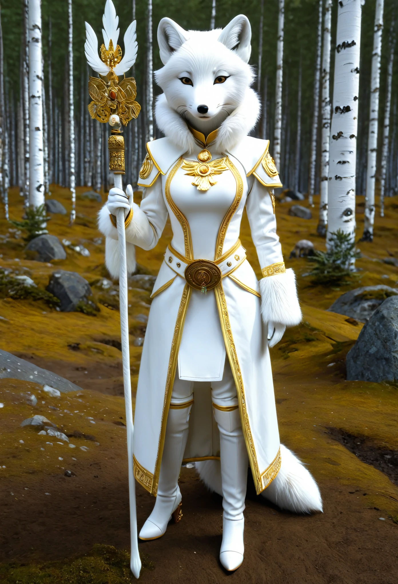 (((Solo exhibitions)), white and gold clothes, many decorative garments, (whole body) Photograph the most beautiful artworks, Intricate details, High Detail, Ultra Practical, Hidden armor, Petite figure, 写实Anthropomorphic Art, (Anthropomorphic Art!!!, (((Female human arctic fox priest)), forest, Very, Very beautiful human art, Practical, 8K, no one's hair, no duplication, no duplication尾, no clone, No big heads