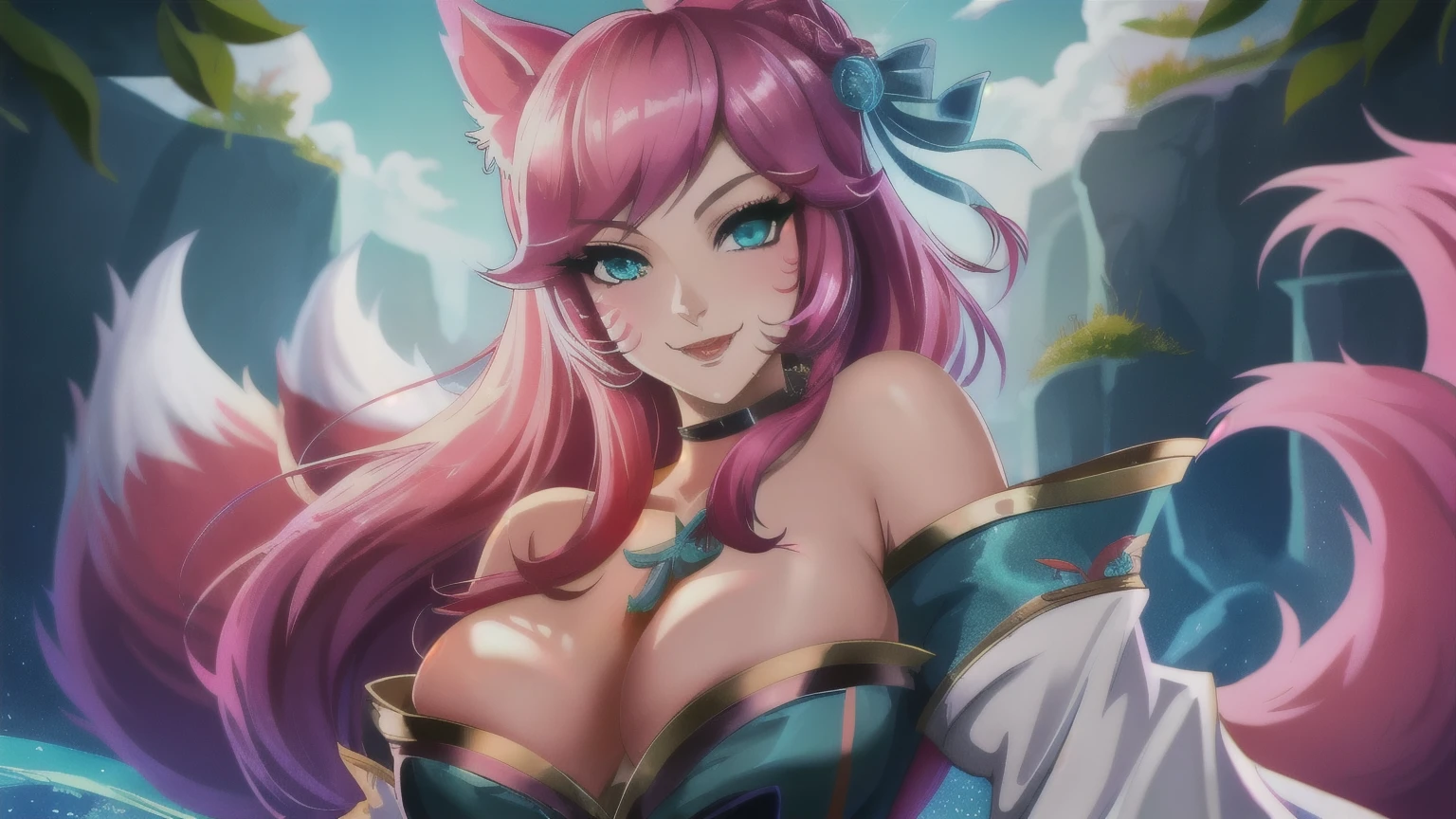 ahri league of legends, (ahri florescer esperitual), postura sexy, posse sexy, corpo definido, pink hair, braided ponytail, aqua eyes, fox ears, evil smile, anime, wide shot, UHD, super detail, high quality, best quality, 8k