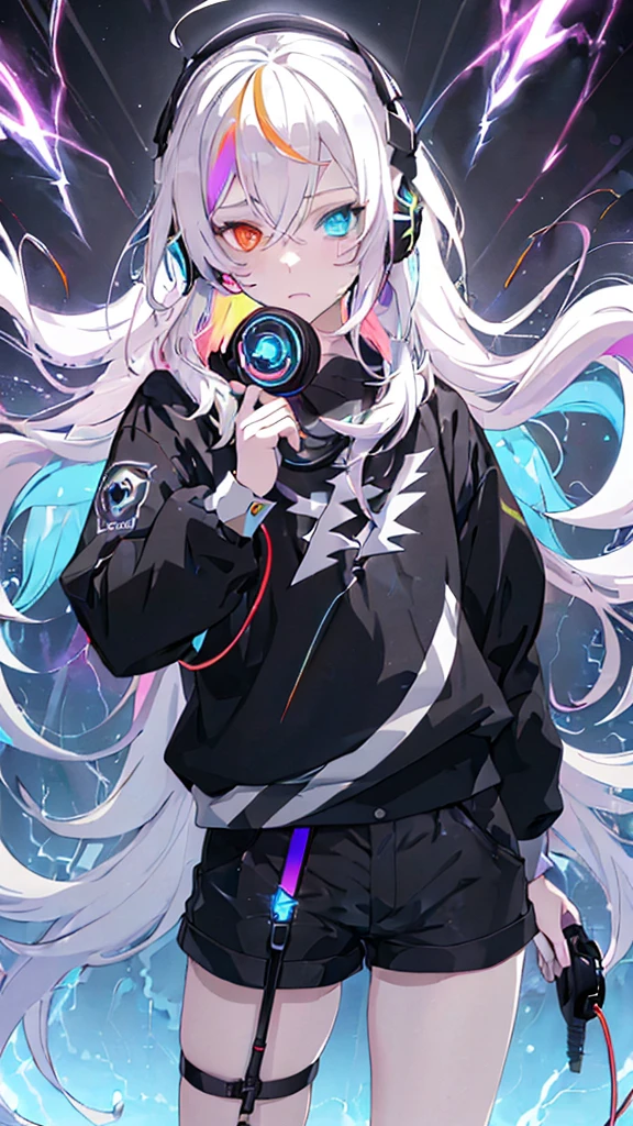 masterpiece, best quality, 1 boy, Long colored hair, Heterochromia, Black headphones, Clothes, shorts, Discharge Aura, rainbow, confusion, lightning, spark, Dynamic illustration, Delicate face, Beautiful illustrations, Good Hand, Good Hand指, Delicate hands, Delicate hands指, 8K, Fine details