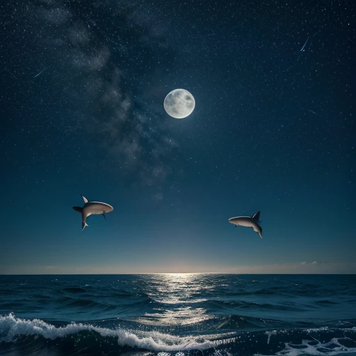 fish and whales jumping into the sea on a full moon night with stars