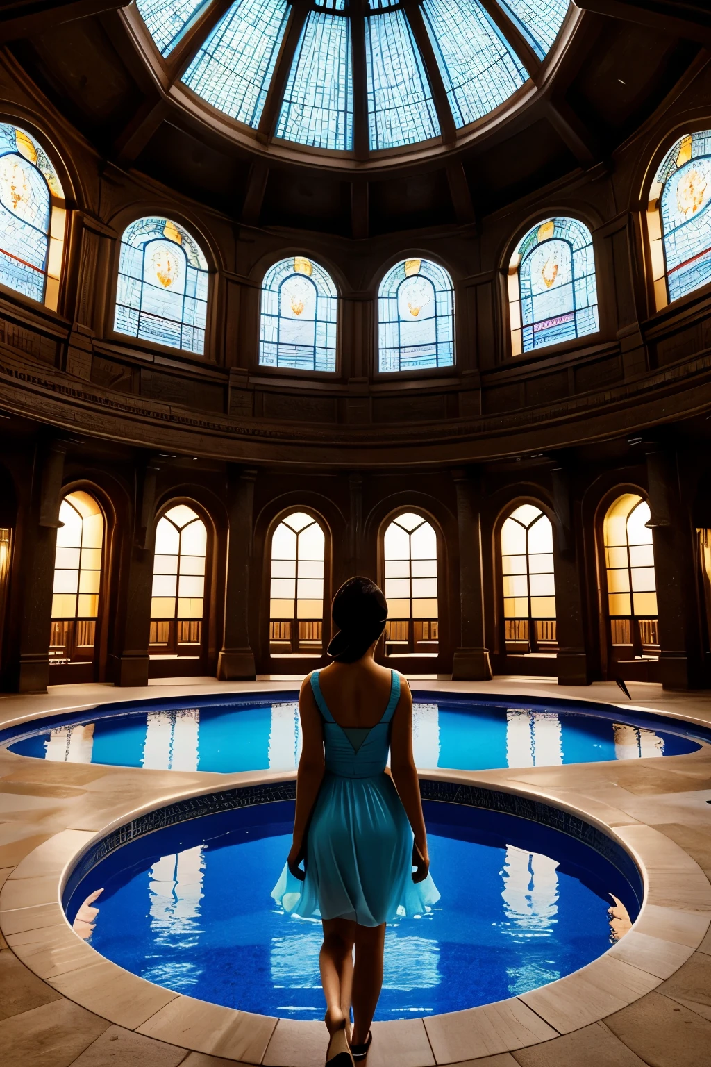 in the middle of the library with a tall dome is a huge round pool,the pool is very shallow,the water is blue,the beam of light shines from the stained glass carved window on the dome to the pool,the tyndall effect,arknights,operator w,figure is in the middle of the picture,the figure stands by the pool and gazes at the huge french window,low light environment,rendering,cold color,tranquility,outside of the window,the meteor across,the figure wears evening dress,the stars are bright