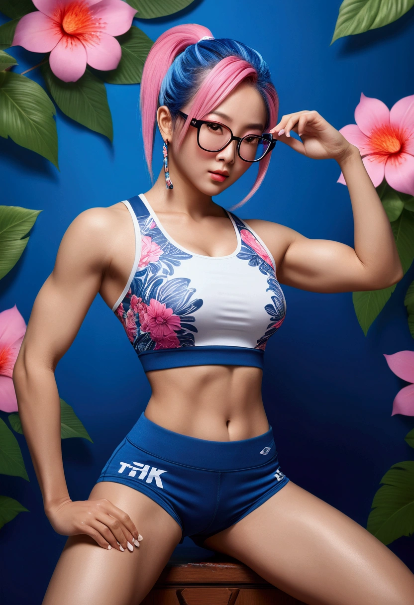 ((work of art, Maximum quality, high resolution)), ((highly detailed 8K unified CG wallpaper)), (Asian woman, 1,72m), (skin fair, Asian appearance), (extremely seductive), (Very defined muscles), (fully body), (wearing blue shorts with floral prints), (white top with tribal prints), (wearing sports glasses), (pink hair)