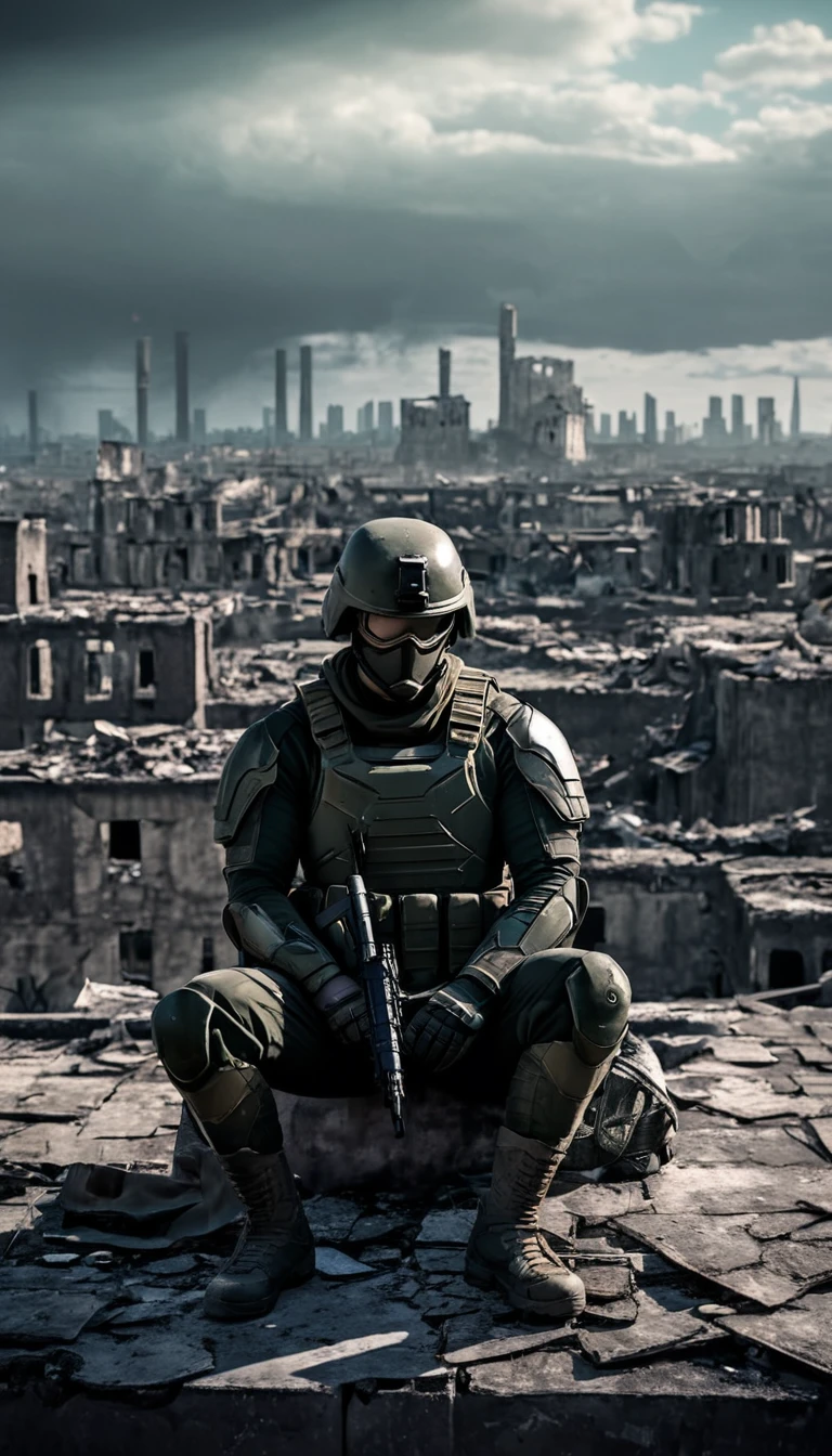 A solitary super soldier sitting on a rooftop, looking out at a ruined city. They are surrounded by the remnants of their past life. The image should evoke a sense of loneliness and isolation.