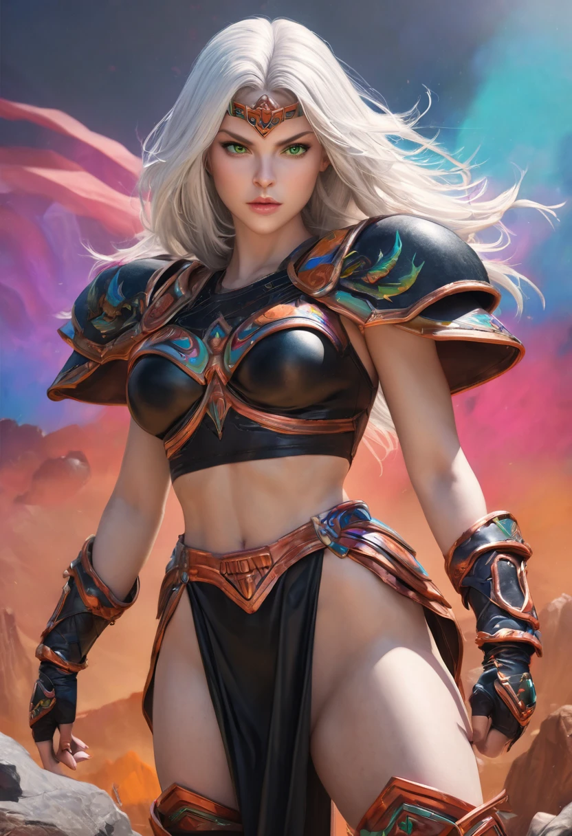 (((Single character image.))) (((1girl)))  (((18 years old.))) (((18yo.))) (((Dressed in medieval fantasy attire.))) Create a captivating and enigmatic female warrior reminiscent of glamor models Anastasia Kvitko and Louisa Khovanski. This character is renowned for her remarkable 112-63-118 figure. She exudes an air of elegance and mystery. The art style should draw inspiration from J Scott Campbell's work.
Imagine a thrilling female adventurer in a high-fantasy setting, akin to a swashbuckler. We need a single character portrait with intricate details, wearing fantasy attire. She should be adorned in leather armor and a tight corset, exuding a shadowy and athletic demeanor.
Her body is agile and toned, like that of a gymnast, and she strikes an action pose. She is clad in medieval clothing, and her arched eyebrows give her a sassy and attractive appearance. Her face is strikingly gorgeous, with a sneaky and sly expression in her evil glare.
Her hair is both very sexy and alluring, cascading in intricate waves. She possesses firm breasts and an air of arrogance. Her body is beautifully detailed and realistic.
The artwork should be hyper-detailed and worthy of trending on platforms like ArtStation. This is a character portrait designed for use in Dungeons & Dragons, Pathfinder, Skyrim, Lord of the Rings, Game of Thrones, or similar high-fantasy settings. Please ensure the image is centered and presented in ultra HD quality, possibly 8k resolution, with an epic masterpiece level of detail.


