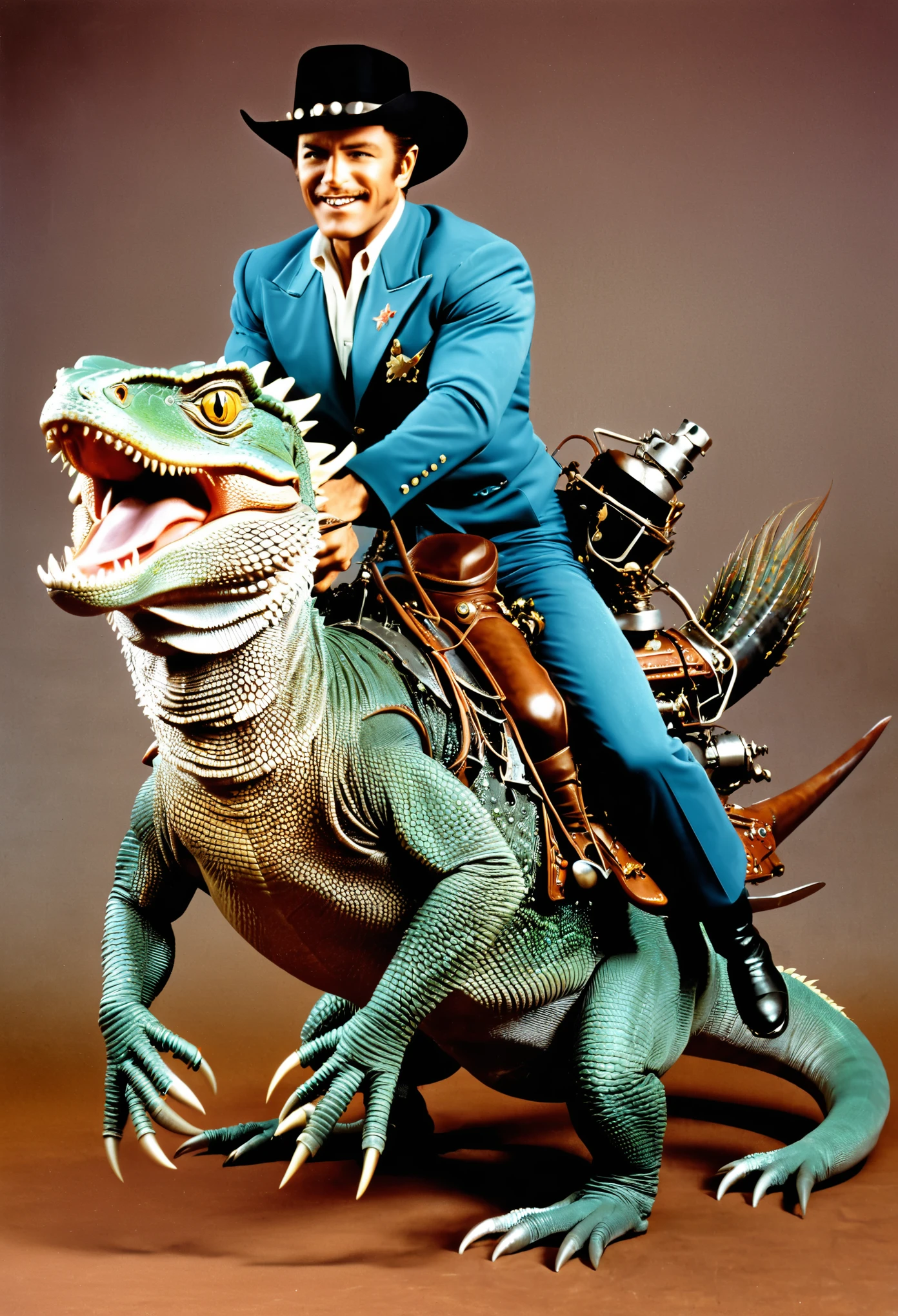 Western Cowboy,Riding a giant lizard,Mechanical punk style,Retro,1980s