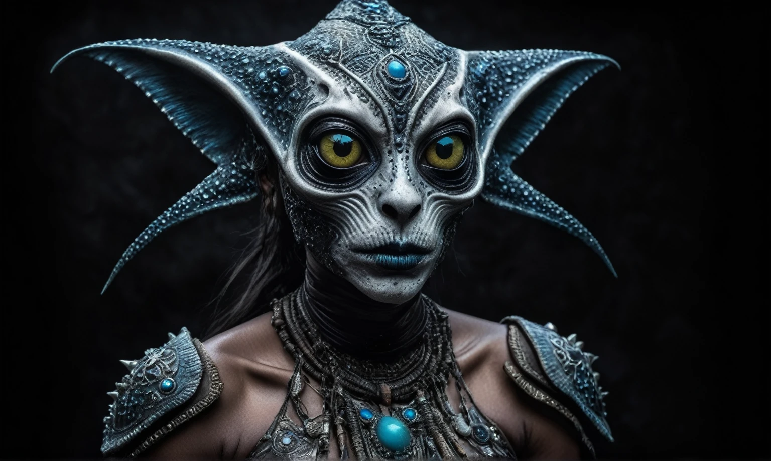 full body length shot,nerd graphite Alien Entity,native africa slave ,azctec Finnish Lapland,Cinematic,soft colors, Technicolor,natural skin textures, hyper realism, hyper detailed,Extremely detailed,High contrast,Masterpiece,Realistic,Ultra Detailed, intricate details,realistic humid leather,extremely intricate details,Epic Realistic, cinematic style, irina yermolova,high contrast,hdr,extremely detailed,day landscape,masterpiece, intricate details, eyes extremely detailed, high detailed eyes,8k resolution,retina, Nikon Z9,Korea,orc,Egypt, Pisces, transition between two art styles,full body length, Double contact, X-ray, Creative, vivid light, fantasy, Abstract, Surrealism, super detailed, high resolution,insanity national folk wear,skin almost translucent, gothic elements,Mestichino,Light particles,chaos,starfish's leather,"(The best lighting, dark, dramatic),(alien cat half-skull fetus, Hellraiser, Scars, , poison brain, , a rat inside the head, terror.),(fish eyes, calaveras