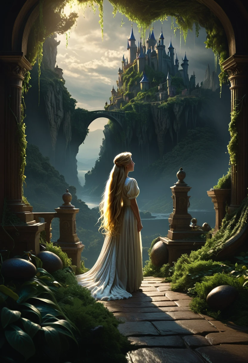 Epic magical scene in a fantasy Landscape,Insane detailed different full body image ,in different cinematic model scene, detailed eyes, Disney character Rapunzel with a bad grine and very long hair from the movie Tangled, ,angry and intimidating, dark fantasy, dark comics, insanely detailed, perfect composition, beautiful detailed intricate insanely detailed octane render trending on artstation, 8 k artistic photography, photorealistic concept art, soft natural volumetric cinematic perfect light, chiaroscuro, award - winning photograph, masterpiece, oil on canvas, raphael, caravaggio, greg rutkowski, beeple, beksinski,