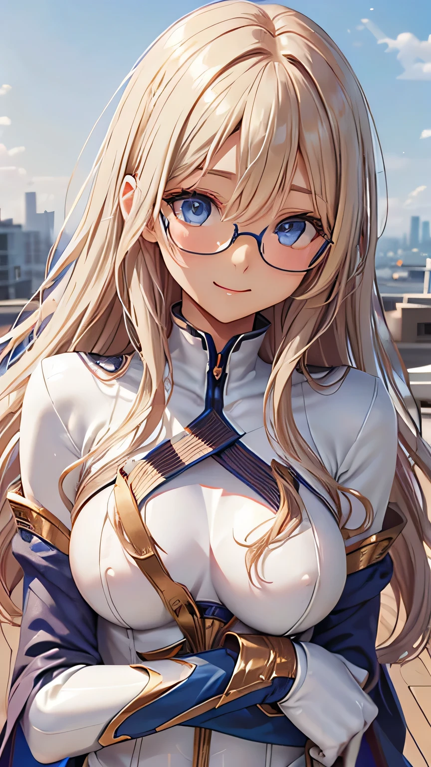 highest quality、Realistic、Women、zoom、Cobalt blue eyes、Long blond wavy hair、Hero Suit、Glossy white bodysuit、Blue and gold accents、slender、Dark Skin、Large Breasts、Glasses、Rooftop、An inappropriate smile、Bust Shot、