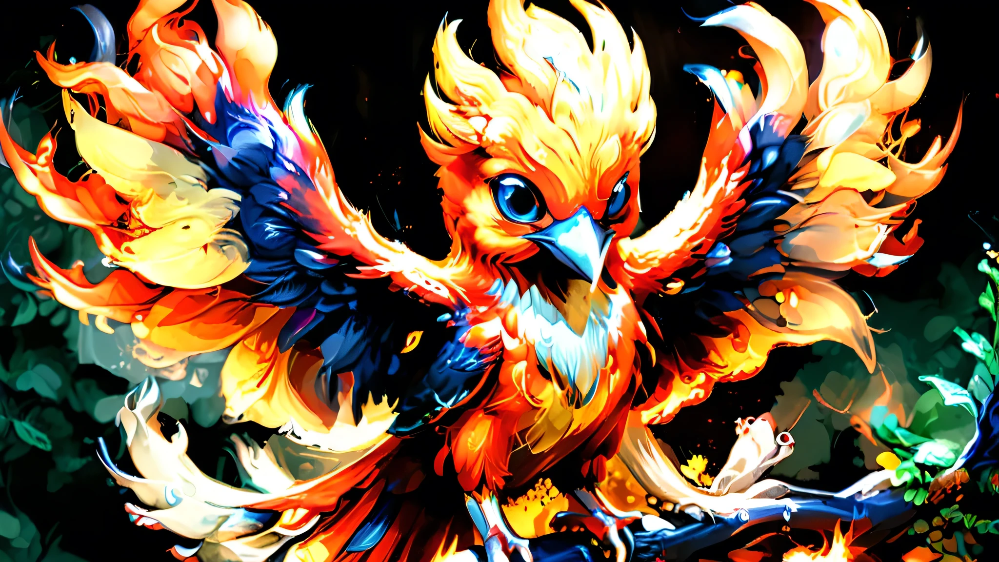 A darling little Phoenix that is irresistibly cute, with bright, soft feathers in shades of red, orange, and gold. It has big, expressive eyes that sparkle with warmth and wisdom. Despite its adorable appearance, the Phoenix exudes an aura of power and rebirth, symbolizing immortality and renewal. flames flickering around it, in a mystical forest with soft, glowing light. The scene highlights the Phoenix's magical significance and beauty and innocence, octane render