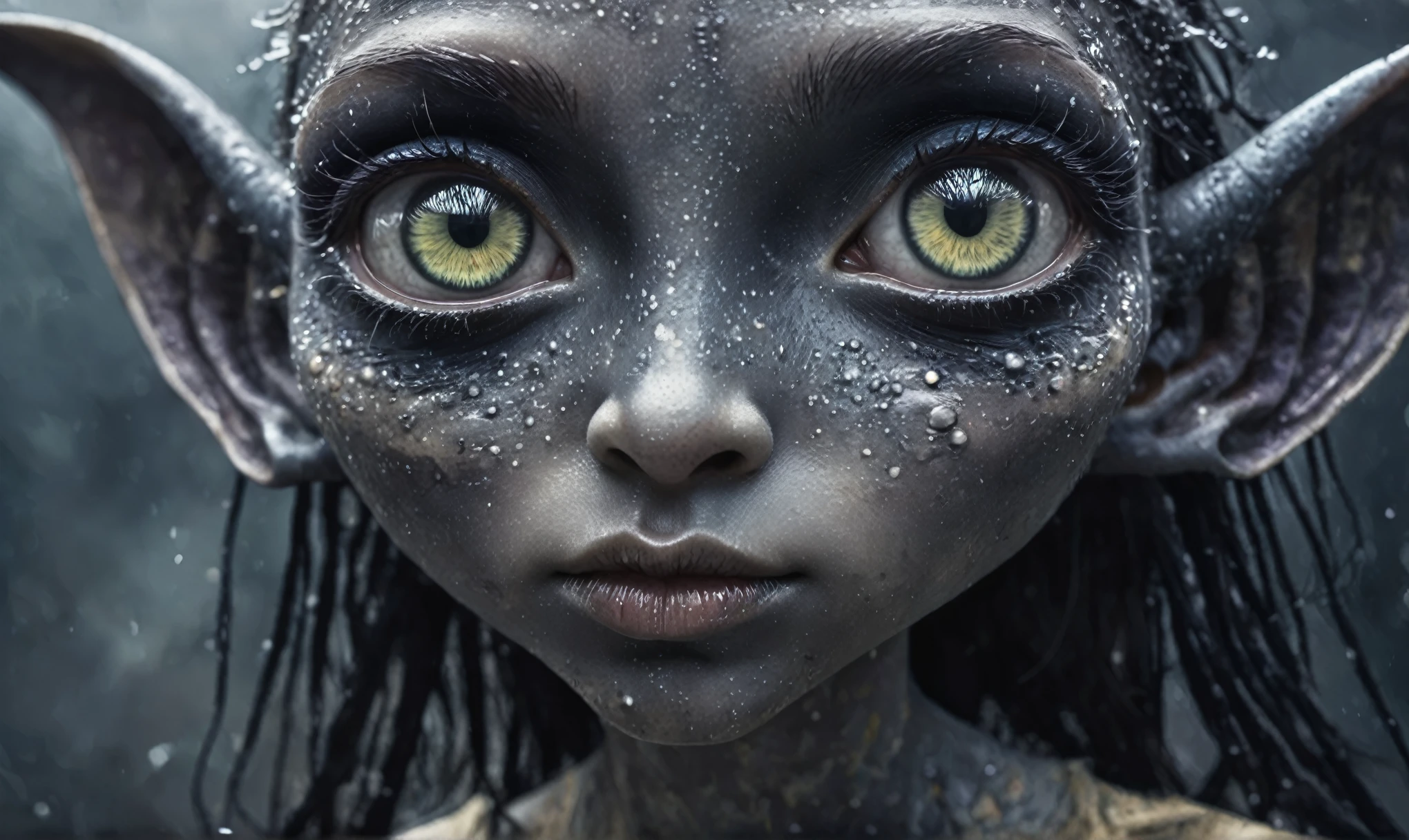 pretty face,eyebrow up,full body length shot,obsidian elf,full body length shot,very beggar niobium graphite The Alien Entity, babychild, wants eat,full body shot, of psychedelic style ,The iris looks weird, attractive, The stars in space is reflected in the pupil, goose down eyelashes, long wavy luminescent hair,insane baggy clothes,view from height,full-body-shot,High contrast,Masterpiece,Realistic,Ultra Detailed,intricate details,realistic humid skin,extremly intricate,realism,photorealism, cinematic style,irina yermolova,HDR,((Wangechi Quality)),ominous landscape,glate gray atmosphere,by art Simon Stalenhag,Nicola Samori,(((Wangechi Mutu))),prime colors,urban,extremely detailed,masterpiece,intricate details,faded,eyes extremely detailed, high detailed eyes,4k resolution,RAW, Nikon Z9,scary town,stalker,goblin,Dubai of United Arab Emirates,Mestichino,Light particles,marble leather ,ink photography ,Mestichino,Light particles,chaos