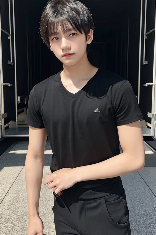 Highest quality,masterpiece,riality,17 year old boy,short black hair,delicate,Black V-neck T-shirt,Black pants