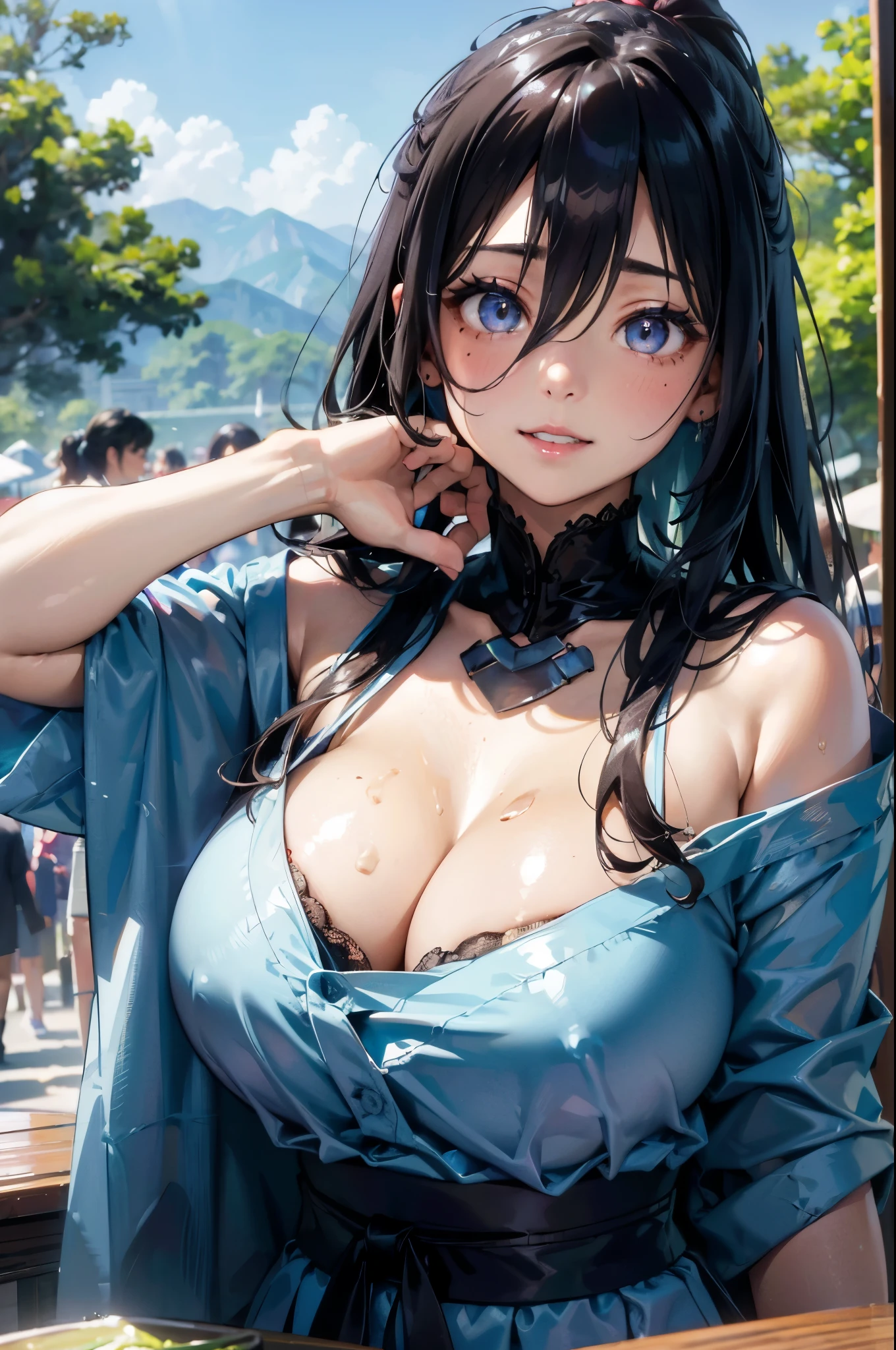 8K picture quality、Top quality、On the table、Ultra-high quality、Extremely detailed、Ultra-realistic hair quality、Vibrant colors、Beautiful woman、Beautiful long hair、Shiny haine hair、Blue Grid、Ponytail、blue eyes、The mole at the corner of the eye is glowing,,,,,,,,、Lace underwear、Mole in the Valley、pectoralis major、、Sweaty forehead and cheeks、huge屁股、Fluffy off-the-shoulder yukata、a smile、Soft pink lips、Ultra-realistic flesh、Red cheeks、Summer festival background,huge , Crazy breast swelling, Chest larger than shoulder blades, Big breasts and thin waist,(huge breasts:1.2),Hydrated skin((rogue))((非常huge乳房)),((Grooves reveal original skin))