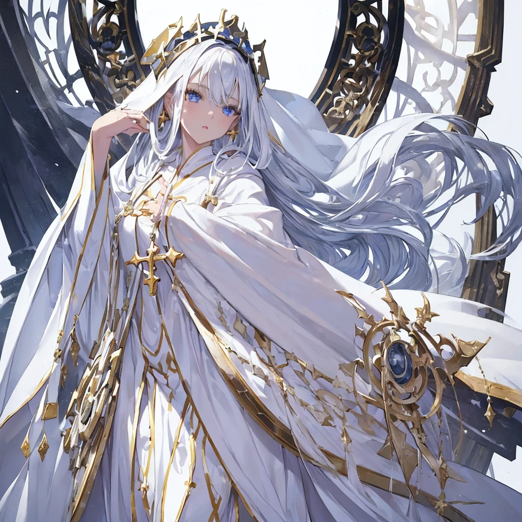 ((masterpiece)), (White Robe,One saint:1.5), (harf body,standing:1.2),Intricate details, View your viewers, beautiful, Fine eyes and lips,Fantasy,Perfect Face, (1 girl,White background:1.3),Transparent,Long black hair,Fantasy,pretty girl,beautiful表情,Detailed facial expressions,(Delicate arms and fingertips)