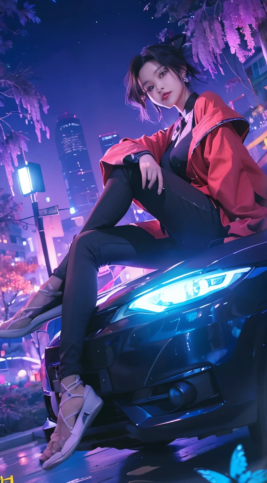 Shinobu kocho, demon slayer, black gradian blue hair, sit above a car, modern city background, detailed hand:1.4, detailed face:1.4, detailed eyes:1.4, chinematic light effect, ultra-realistic, ultra-detailed, bestquality, masterpiece.