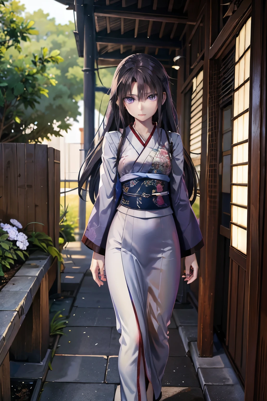 A Looks sickly girl from a Japanese nobility. 1940s with wet raven hair and light purple eyes.nsfw,compuletely nude,Walking around the garden
