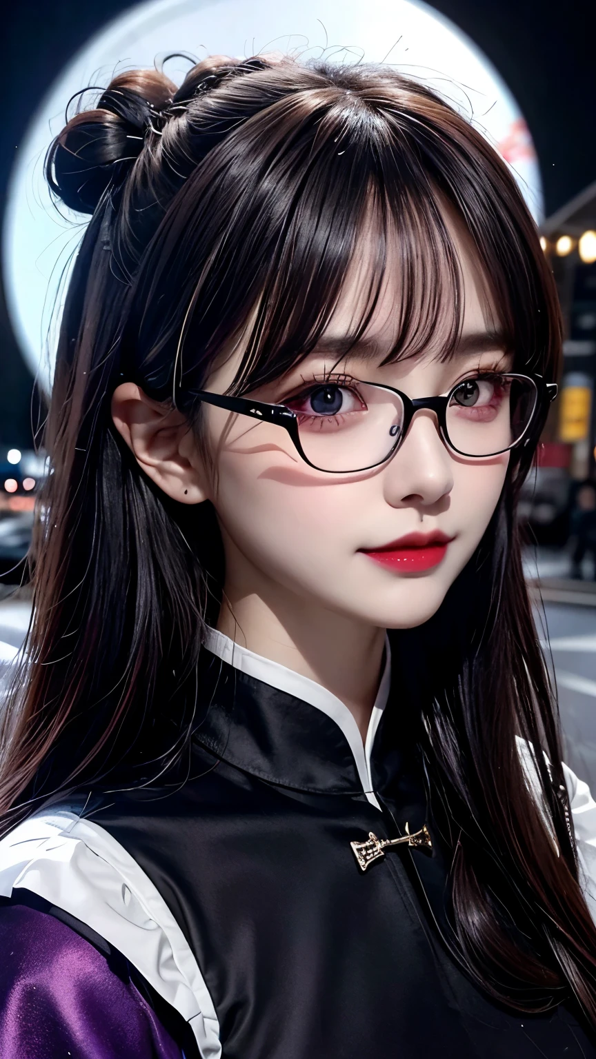 background（Black night sky，Big Moon），Close-up of a woman，Wearing a white shirt、((Black-rimmed glasses))、Purple Hair，Very long hair，very thick braids，Purple eyes，big ， realistic girl rendering, 8k artistic german bokeh, Enchanting girl, Real Girl, Gurwitz, Gurwitz-style artwork, Girl Roleplay, Realistic 3D style, cgstation Popular Topics,, 8K Portrait Rendering,（truth，truth：1.4），巨big ，Sparkling eyes，Purple eyes、Captivating beauty、Attractive adult woman、Beautiful woman、Cool girl、evil female、Brainwashed、brainwashing、Fallen into evil、Grin、Evil expression、Evil smile、evil、Brown Hair、Wavy Hair、Swept-apart bangs、Heavy makeup、Heavy makeup、Sharp Eye、Hollow Eyes,Half-closed eyes、Hollow Eyes、Purple Eyeshadow、Black lipstick、Black lip gloss、Long black cheongsam、Wide sleeves、night、Spooky Fortressscape Brush、Compensate、Are standing、