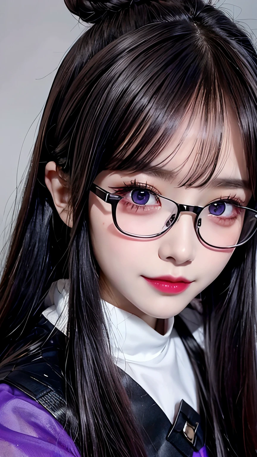 background(Black night sky,Big Moon),Close-up of a woman,Wearing a white shirt、((Black-rimmed glasses))、Purple Hair,Very long hair,very thick braids,Purple eyes,big , realistic girl rendering, 8k artistic german bokeh, Enchanting girl, Real Girl, Gurwitz, Gurwitz-style artwork, Girl Roleplay, Realistic 3D style, cgstation Popular Topics,, 8K Portrait Rendering,(truth,truth:1.4),巨big ,Sparkling eyes,Purple eyes、Captivating beauty、Attractive adult woman、Beautiful woman、Cool girl、evil female、Brainwashed、brainwashing、Fallen into evil、Grin、Evil expression、Evil smile、evil、Brown Hair、Wavy Hair、Swept-apart bangs、Heavy makeup、Heavy makeup、Sharp Eye、Hollow Eyes,Half-closed eyes、Hollow Eyes、Purple Eyeshadow、Black lipstick、Black lip gloss、Long black cheongsam、Wide sleeves、night、Spooky Fortressscape Brush、Compensate、Are standing、