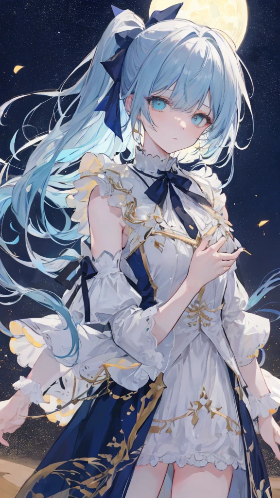 Long hair, blue hair, Side ponytail, hair over one eye, brushed eyes, diagonal bangs, ribbon, hair ribbon, evil eyes, heterochromia, Crystal Pupils, Light Blush, high detail, glowing light, ray tracing, high details, super detail, high quality, highres,1080P, Stunning, Exquisite, Comely, Charming, Aesthetically pleasing Under the starry night sky, in the silent desert, a bright moon hangs high, illuminating the endless sea of sand