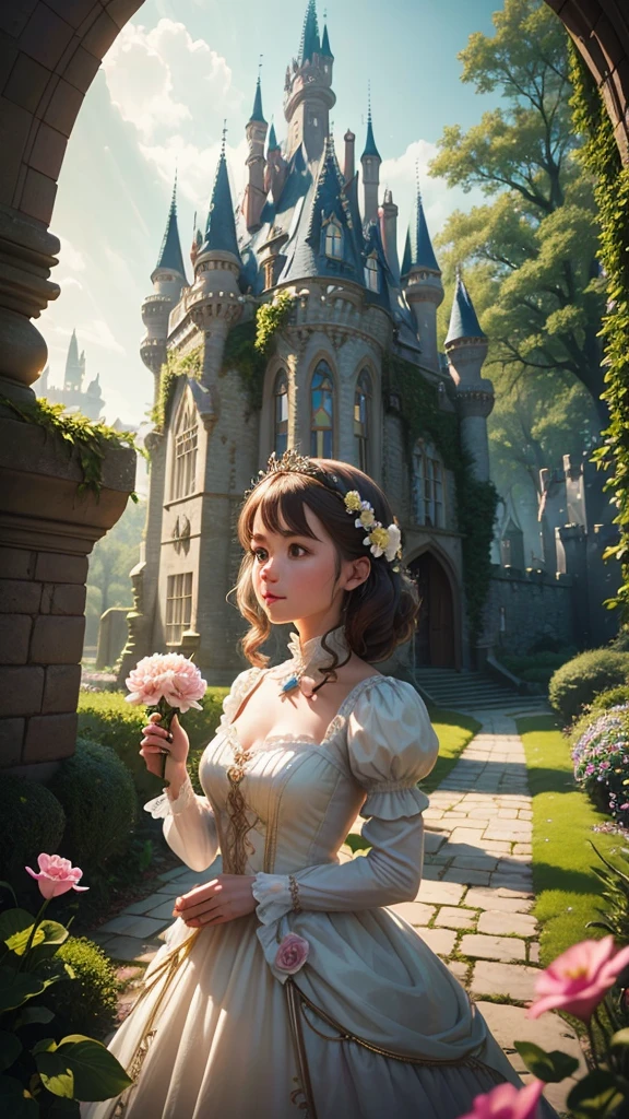 a woman with a flower in her hand and a broken glass in her hand hyperrealistic depiction of a whimsical fairytale land. Soft, diffused light enhances the detailed architecture of fantastical castles and playful creatures, Shot with Canon EOS R5 Wide Angle Lens,