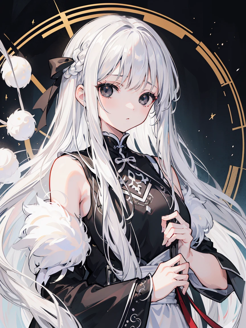 (Top image quality)、(Very detailed)、(Facing forward)、Top quality、masterpiece、(((1 girl )))、Silver Hair、White hair、((Long hair))、Weaving、(black eyes:1.6)、(White and black cheongsam)、Lots of decorations、Lots of ribbons、White Ribbon、Haggard、Fluffy loose hair