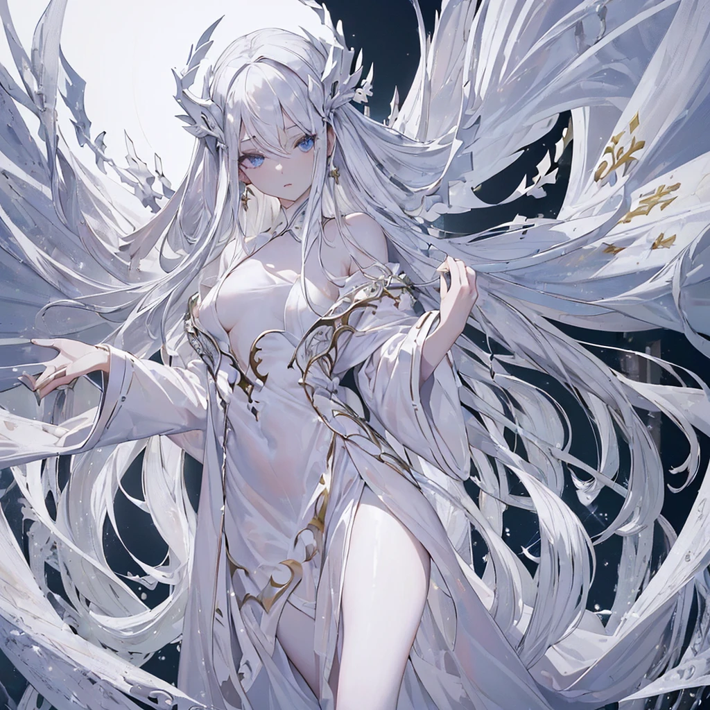 ((masterpiece)), (White Robe,One person:1.5), (harf body,standing:1.2),Intricate details, View your viewers, beautiful, Fine eyes and lips,Fantasy,Perfect Face, (1 girl,White background:1.3),Transparent,Long black hair,Fantasy,pretty girl,beautiful表情,Detailed facial expressions,(Correct and delicate arms and fingertips)、I can see your feet