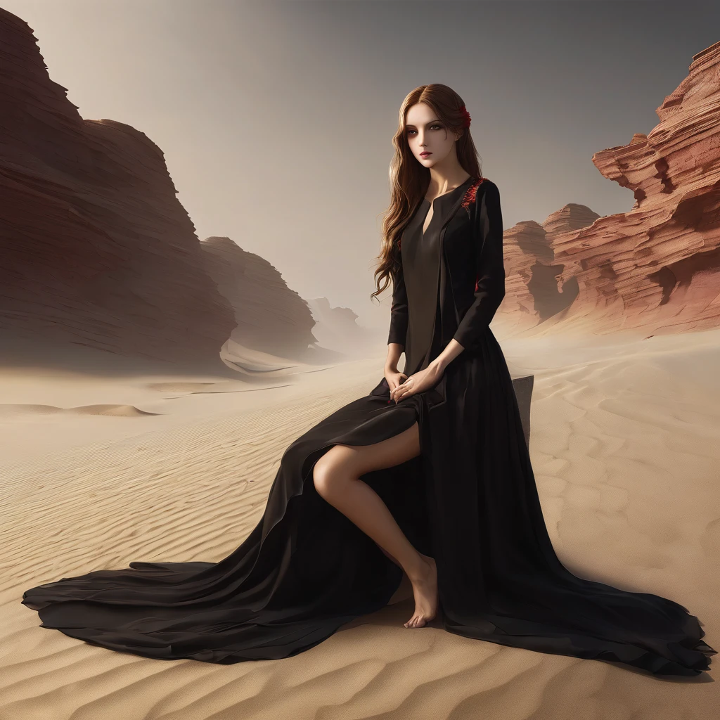 Skinny body, sand figure, long light brown hair, Red eyes, long black dress, without breasts