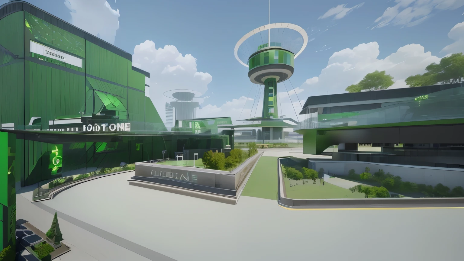 there is a green building with a clock tower in the background, hq render, concept art-h 0, concept render, high res render, concept image, helipad, final render, hdrp render, highly rendered!!, in future airport rooftop, conceptual rendering, arnold rendering, oc rendered, rendered illustration, heroengine, high resolution render